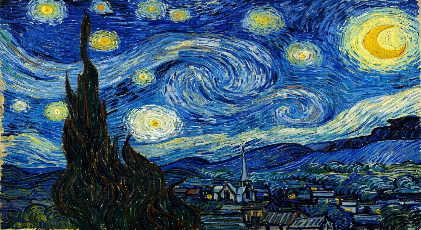 A Noite Estrelada (1889), pintada a partir da janela de seu quarto no hosp&iacute;cio em Saint-R&eacute;my-de-Provence, gerada com IA